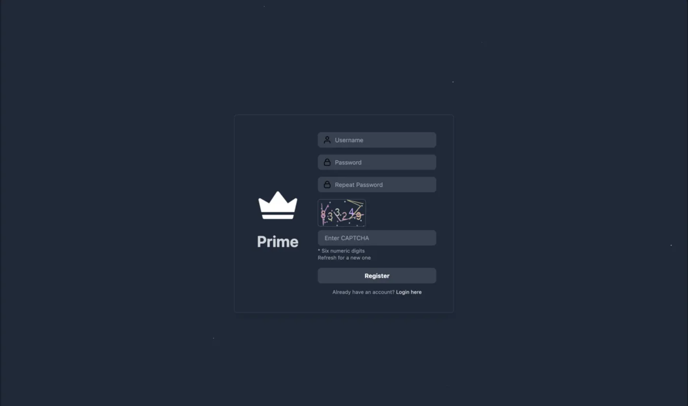 Prime Market registration form with username, password, captcha, and security PIN fields